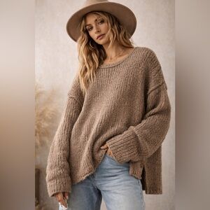 Free People Oversized Knit Sweater Medium Tan Cozy Pullover Boho